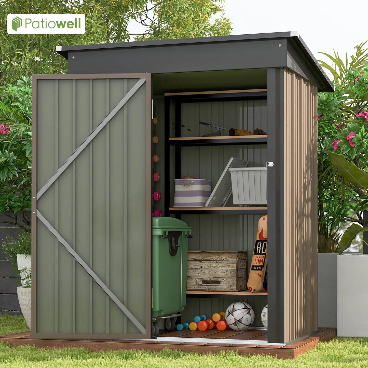 Patiowell 5x3 FT Outdoor Storage Shed, Tool Shed with Sloping Roof and , Metal Shed for Backyard Garden Patio Lawn