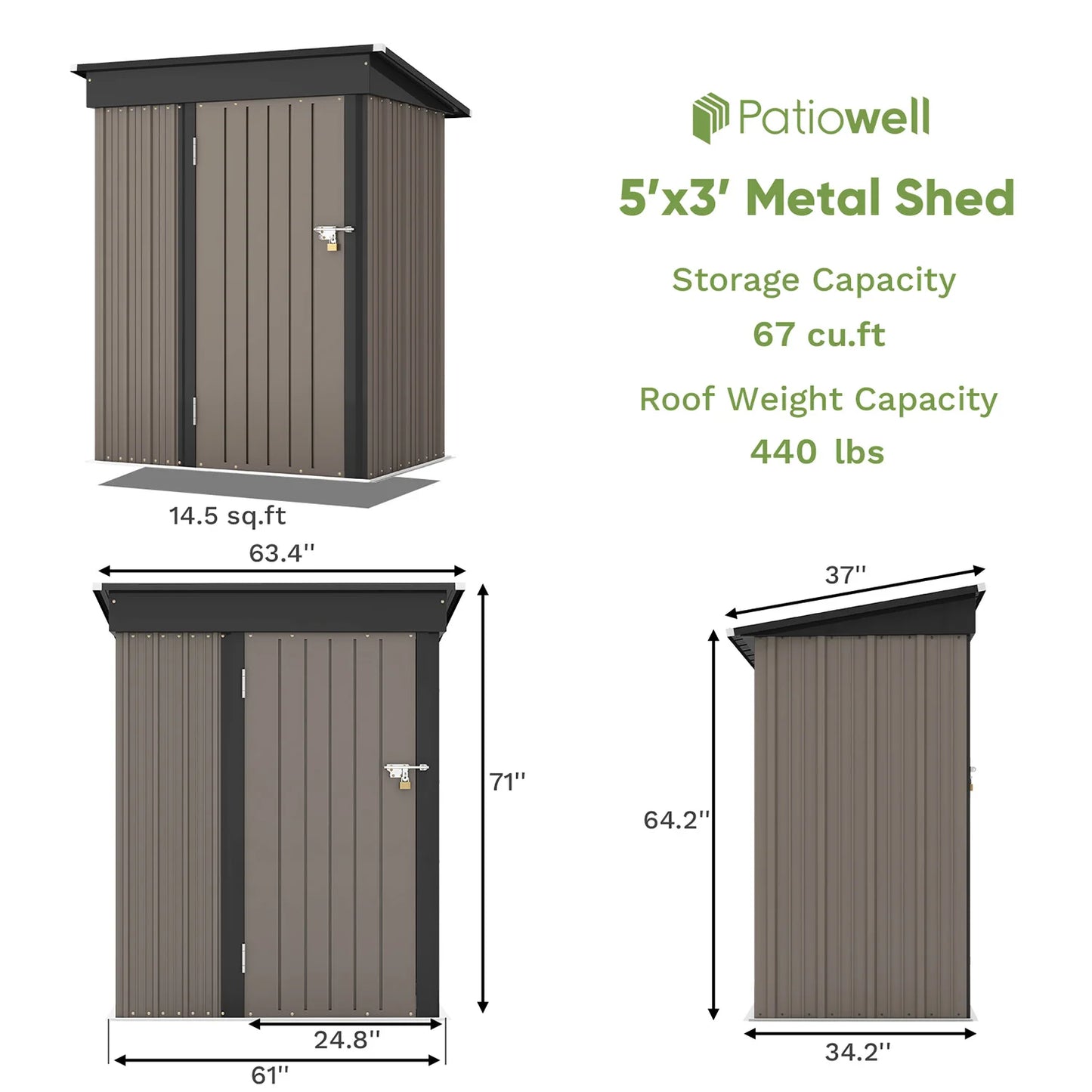 Patiowell 5x3 FT Outdoor Storage Shed, Tool Shed with Sloping Roof and , Metal Shed for Backyard Garden Patio Lawn