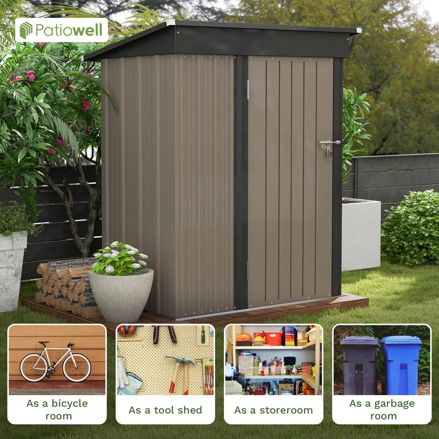 Patiowell 5x3 FT Outdoor Storage Shed, Tool Shed with Sloping Roof and , Metal Shed for Backyard Garden Patio Lawn