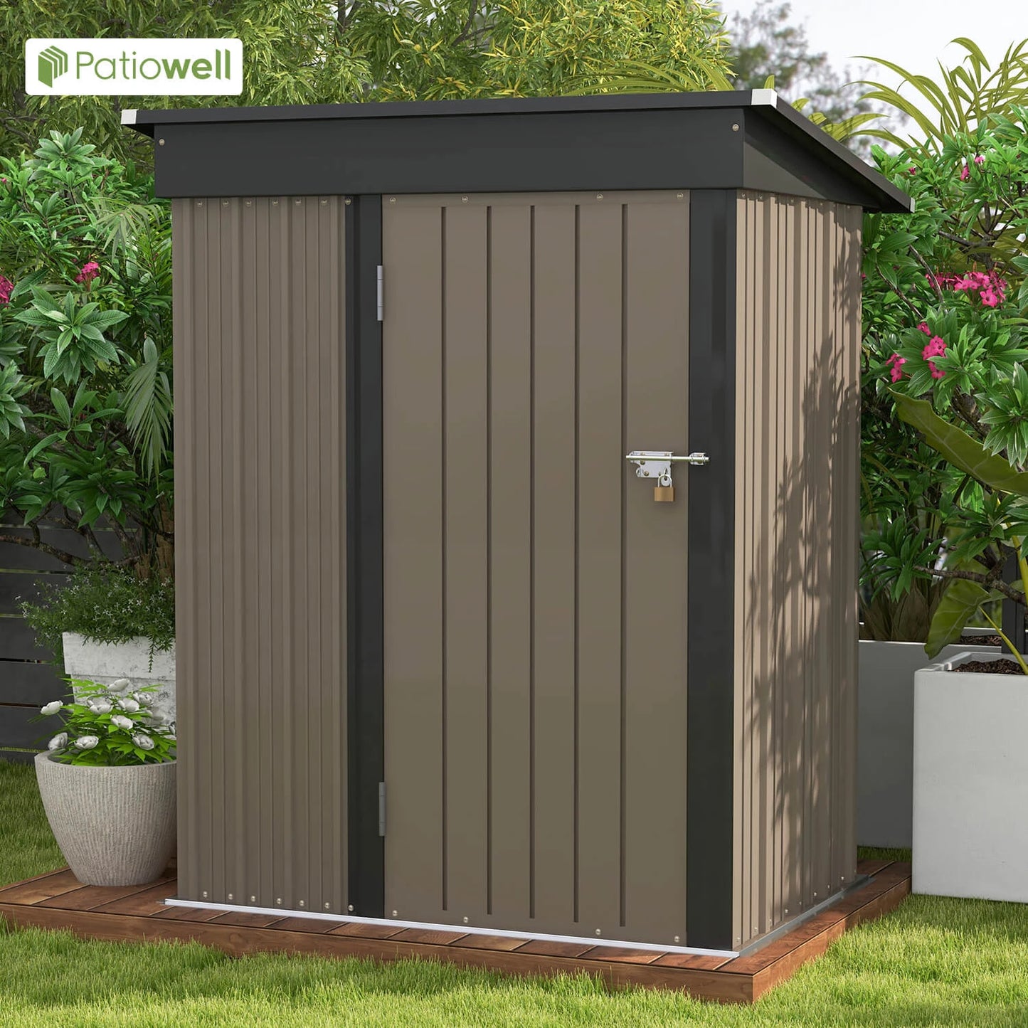 Patiowell 5x3 FT Outdoor Storage Shed, Tool Shed with Sloping Roof and , Metal Shed for Backyard Garden Patio Lawn