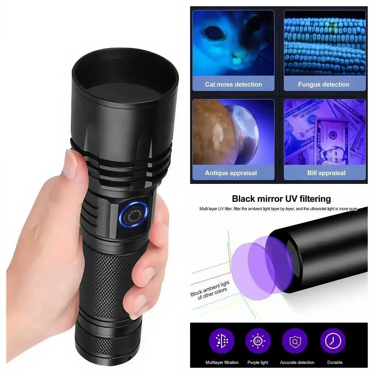 20W UV Black Light Flashlight -365nm USB Rechargeable | Pet Urine Detector, Gem and Money Detector, Stain Detector, etc