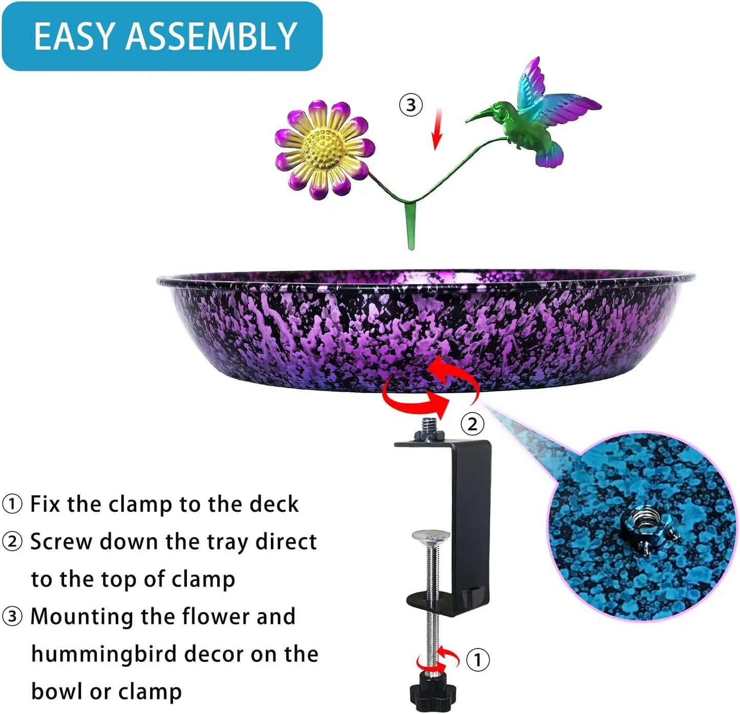 Deck Bird Bath for Outdoors, Colorful Purple/Blue Metal Birdbath Bowl Mounted Garden Bird Bath