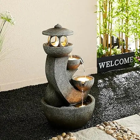 Outdoor Water Fountain with LED Light, Children Playing with Faucet Waterfall Fountains, Antique Bronze Resin