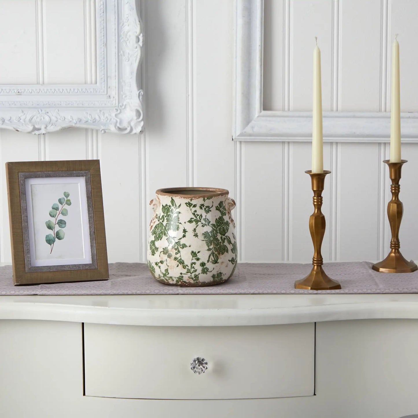 Nearly Natural 6.5" Tuscan Ceramic Green Scroll Planter