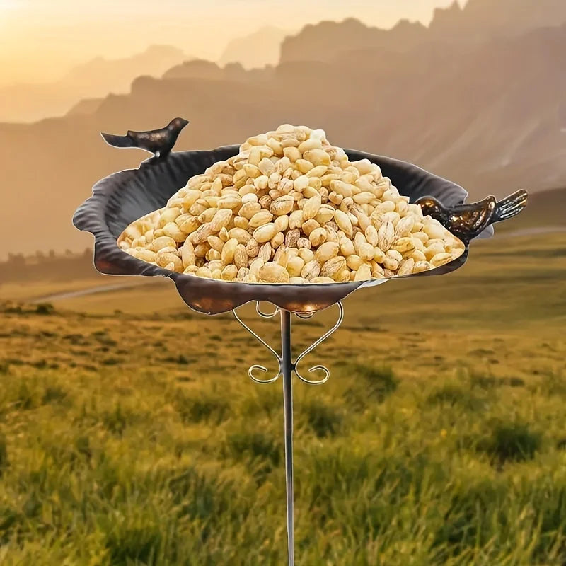 47.5" Metal Leaf-Shaped Bird Feeder Stake, Waterproof Wild Bird Ground Feeder Bowl, Durable Outdoor Lawn Ornament