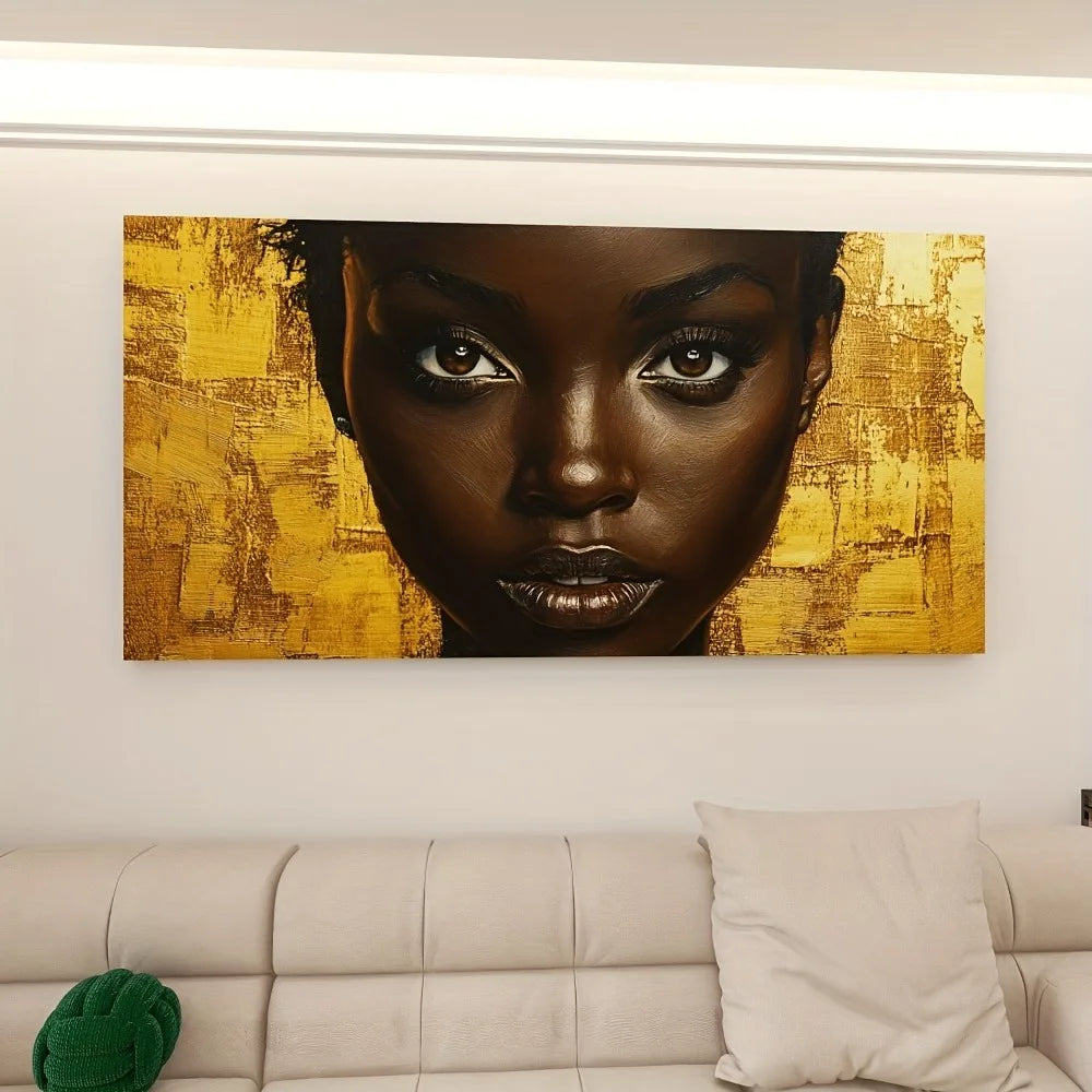 Elegant abstract female portrait canvas art - 1.5-inch thick pine frame, vivid gold and brown tones, upholstery