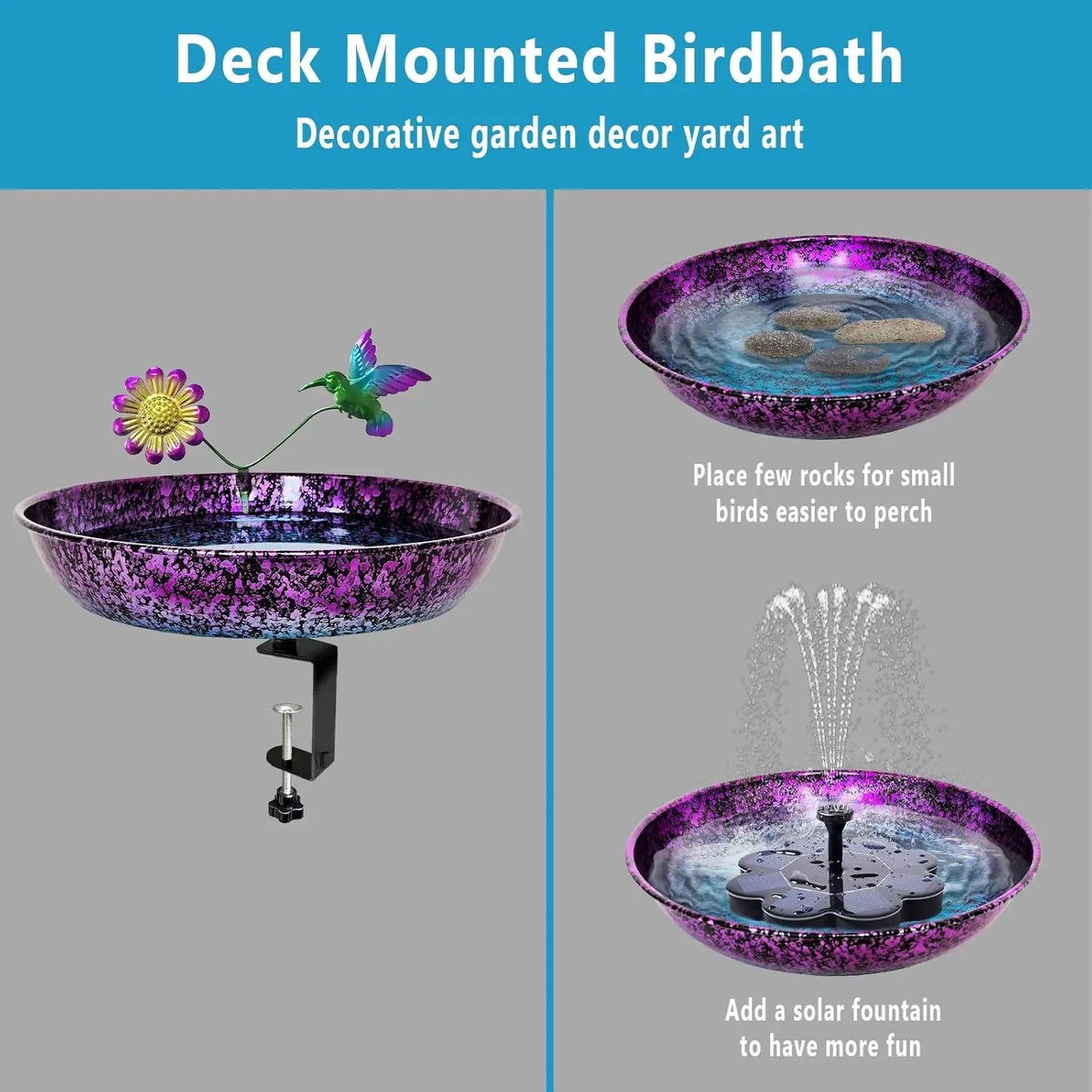 Deck Bird Bath for Outdoors, Colorful Purple/Blue Metal Birdbath Bowl Mounted Garden Bird Bath