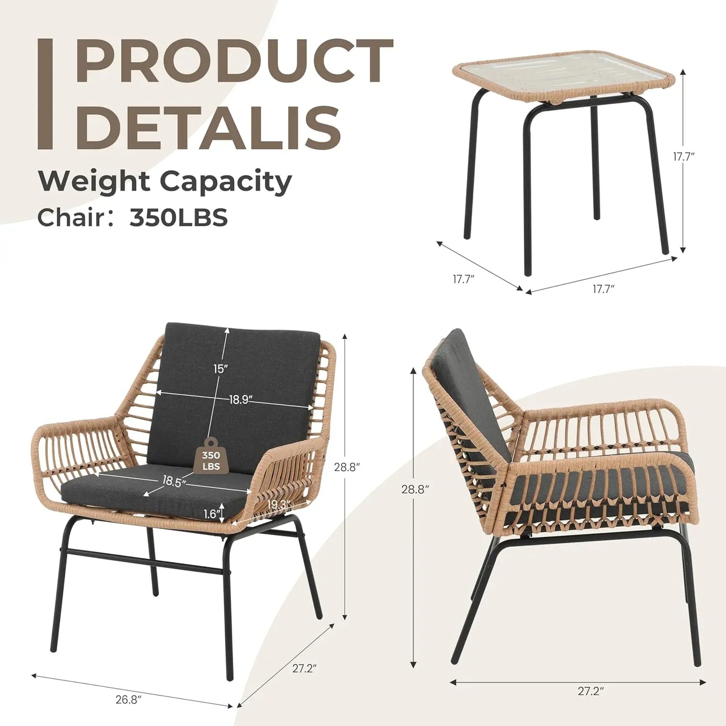 3 Piece Outdoor Patio Furniture Set, Rattan Conversation Sets, All-Weather Wicker Chairs with Cushions and Coffee Table,
