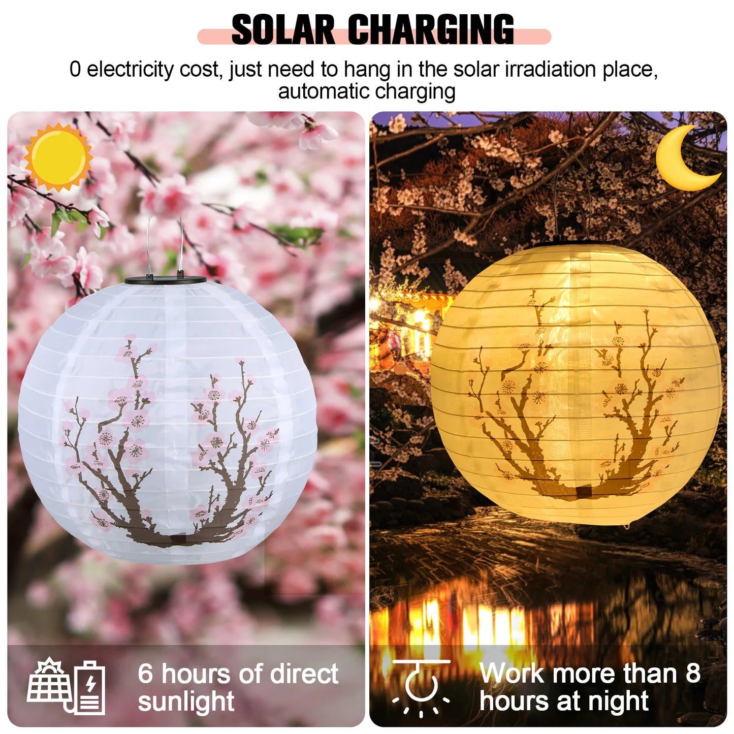 30cm Solar Power LED Plum Blossom Lights IP65 Waterproof Chinese Traditional Hanging Lanterns for Garden Porch