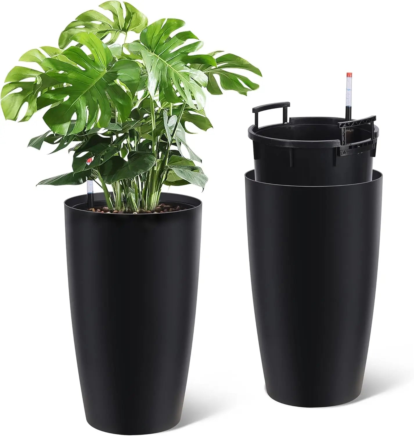 16" Tall Planters Set of 2, Plant Pots, Self Watering Pots for Indoor Plants, Flower Pots With Built-In Drainage and Visual Wate