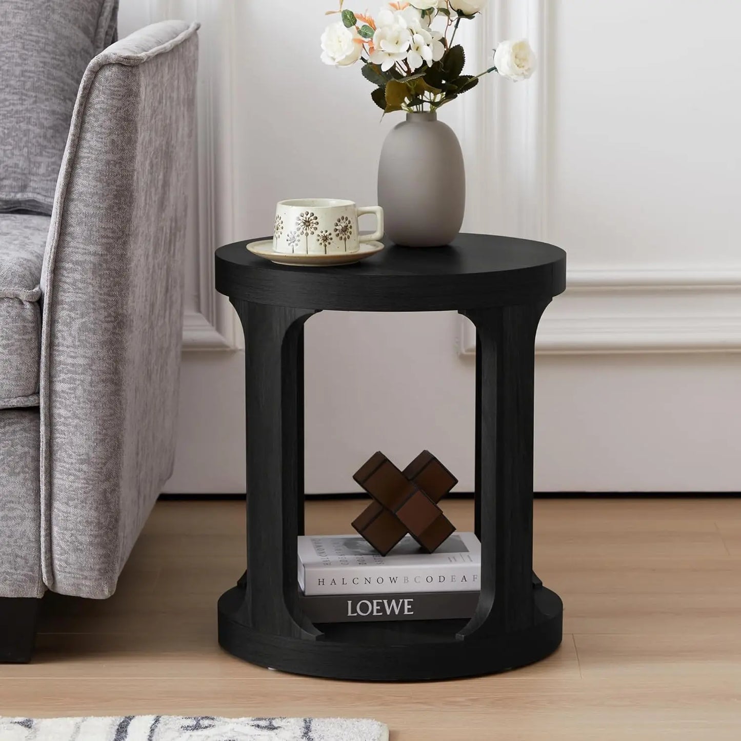 End Table Set of 2, Round Side Table with 2-Tier Storage, Accent Sofa Table for Living Room (Black)