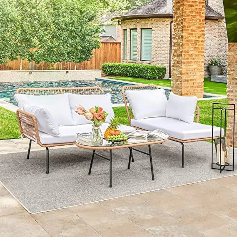 Outdoor Patio Furniture Set, Sectional Rope Woven L-Shaped Sofa Set with Patio Table and Thick Cushions