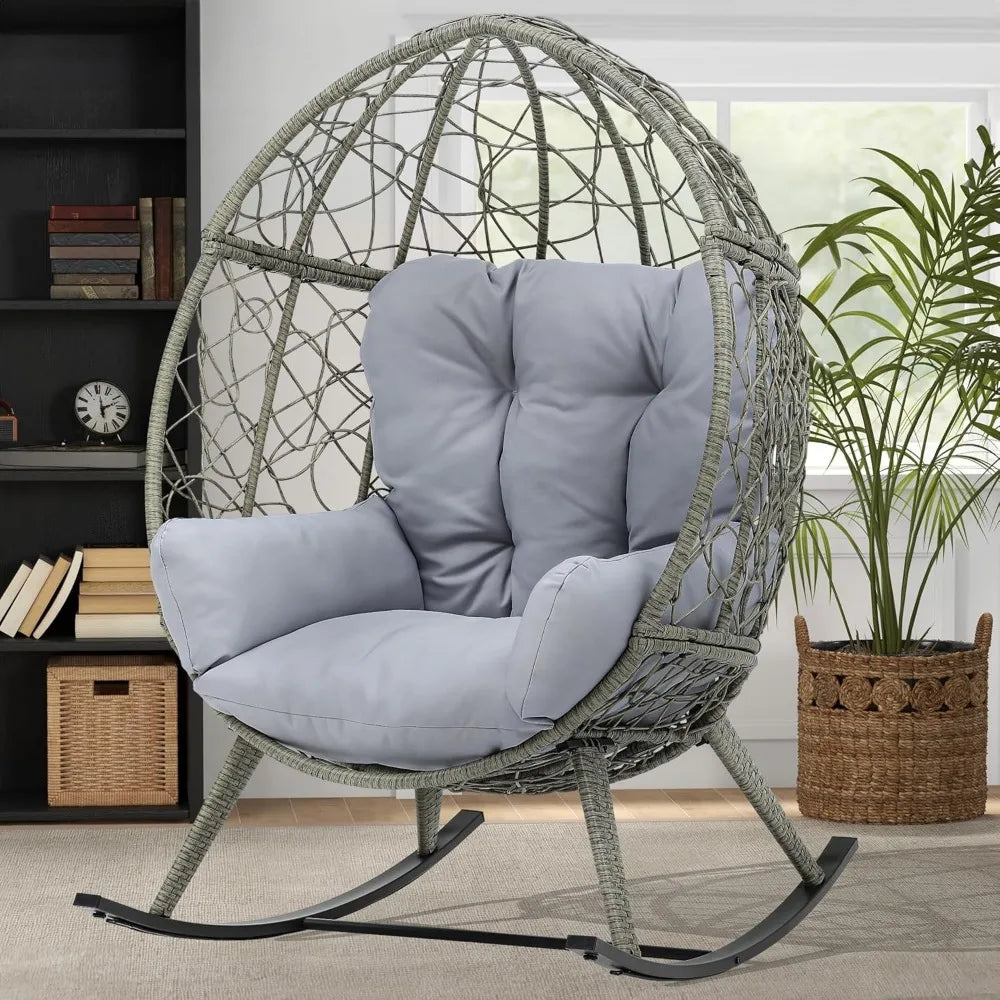Wicker Rocking Egg Chair, Oversized Indoor Outdoor Rattan Rocking Chair, Indoor Outdoor Lounger for Patio, Backyard, Living Roo