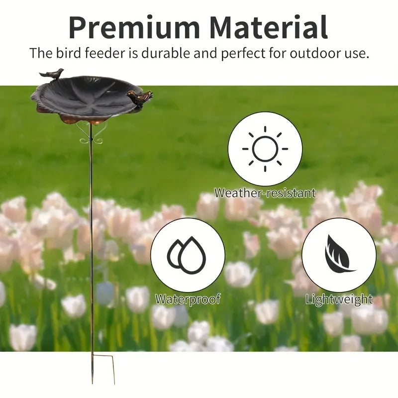47.5" Metal Leaf-Shaped Bird Feeder Stake, Waterproof Wild Bird Ground Feeder Bowl, Durable Outdoor Lawn Ornament