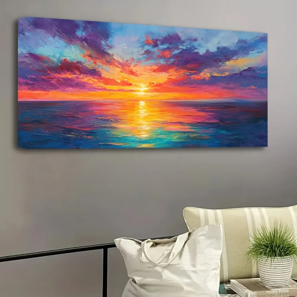 Modern Abstract Seaside Sunset on Canvas - Vibrant Marine sunset art with a 1.5 inch pine frame