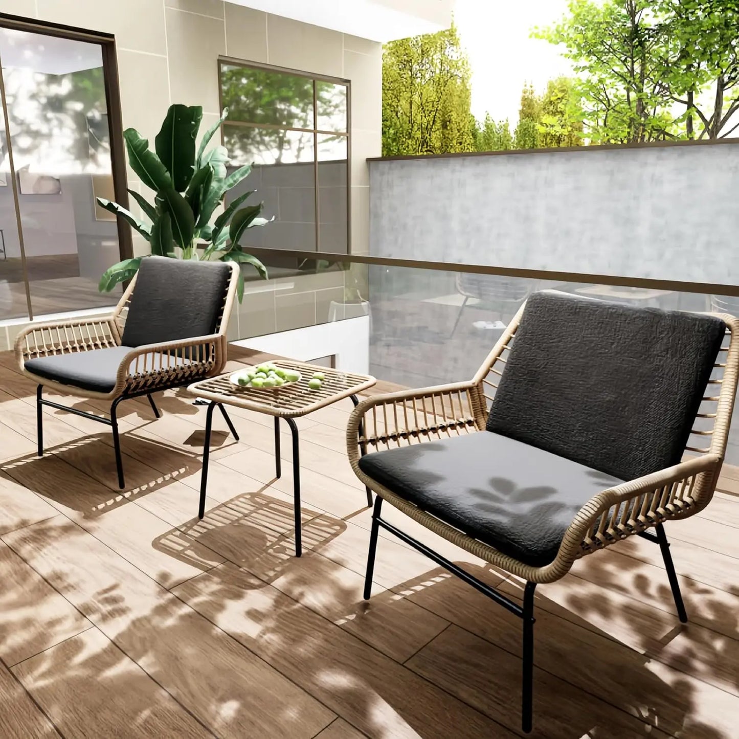 3 Piece Outdoor Patio Furniture Set, Rattan Conversation Sets, All-Weather Wicker Chairs with Cushions and Coffee Table,