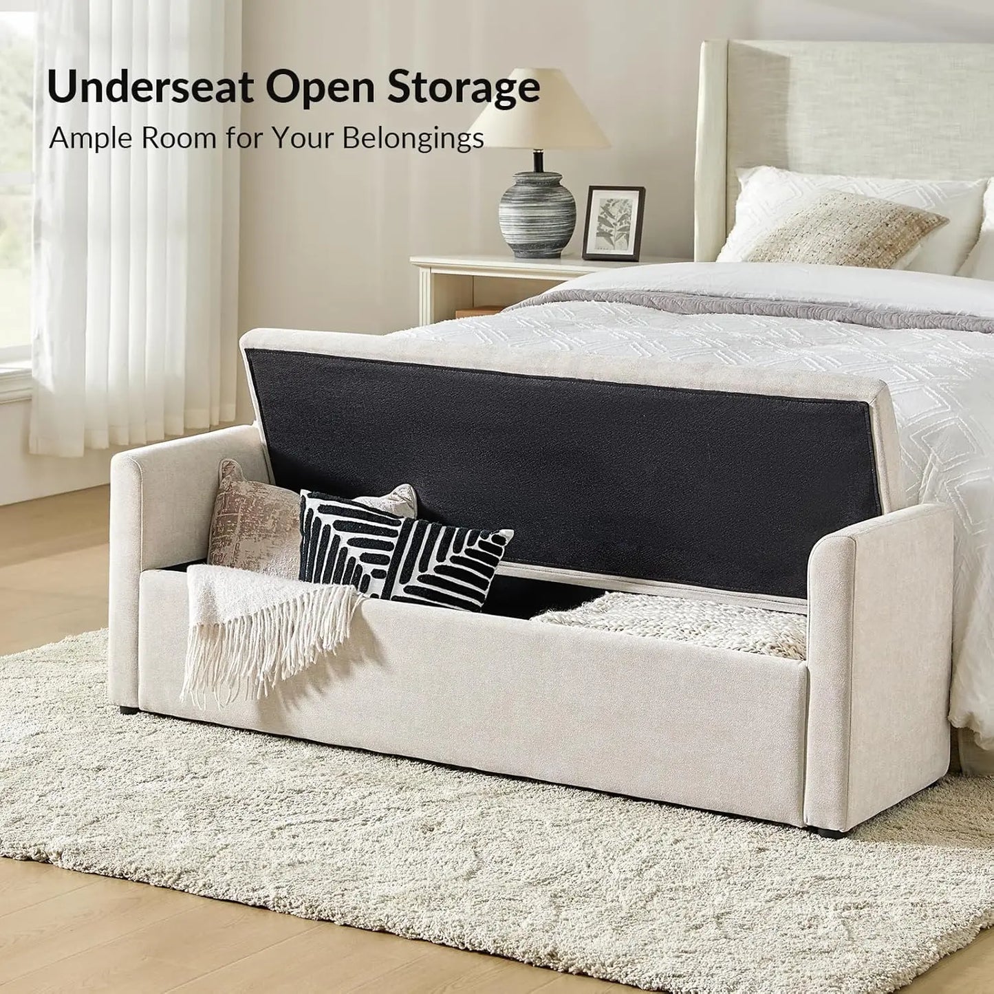 HOME Modern Storage Bench with Throw Pillows, 59.4" Extra Long Bedroom Ottoman Bench for End of Bed, Comfy Upholstered Footstool