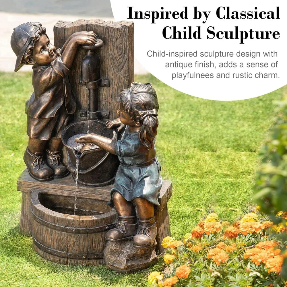 Outdoor Water Fountain with LED Light, Children Playing with Faucet Waterfall Fountains, Antique Bronze Resin