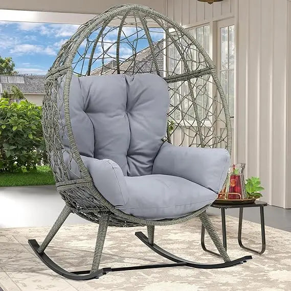 Wicker Rocking Egg Chair, Oversized Indoor Outdoor Rattan Rocking Chair, Indoor Outdoor Lounger for Patio, Backyard, Living Roo