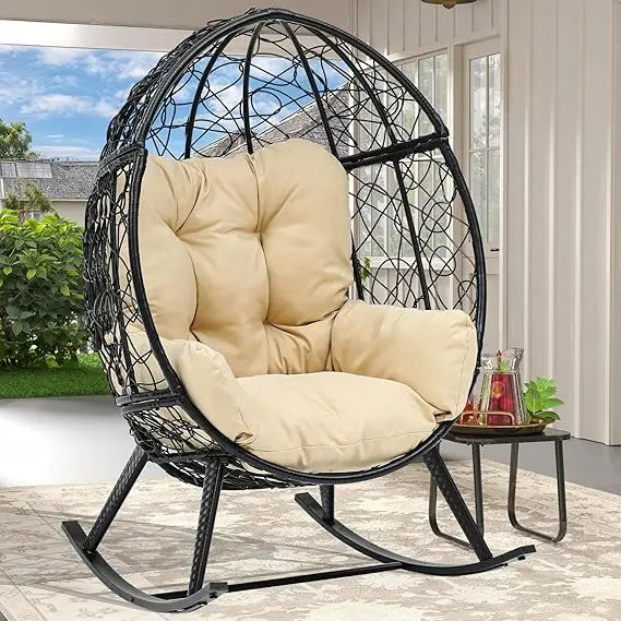 Wicker Rocking Egg Chair, Oversized Indoor Outdoor Rattan Rocking Chair, Indoor Outdoor Lounger for Patio, Backyard, Living Roo