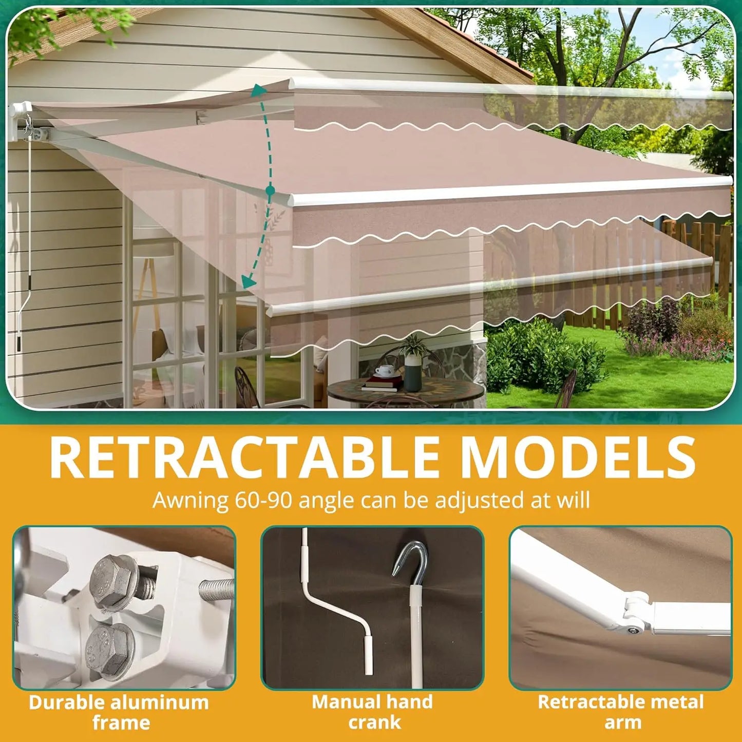 Retractable Awning Sun Shade Shelter Cover, Outdoor Patio Awnings for Shop, Restaurant, Cafe, Courtyard, Balcony
