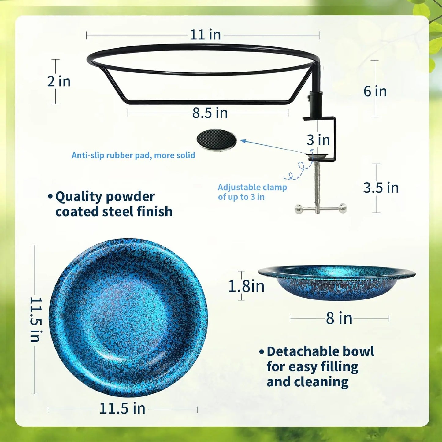 Deck Mounted Bird Bath Detachable Bowl with Sturdy Clamp,Easy Setup Outdoor Bird Feeder for Garden Patio