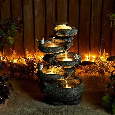 Outdoor Water Fountain with LED Light, Children Playing with Faucet Waterfall Fountains, Antique Bronze Resin