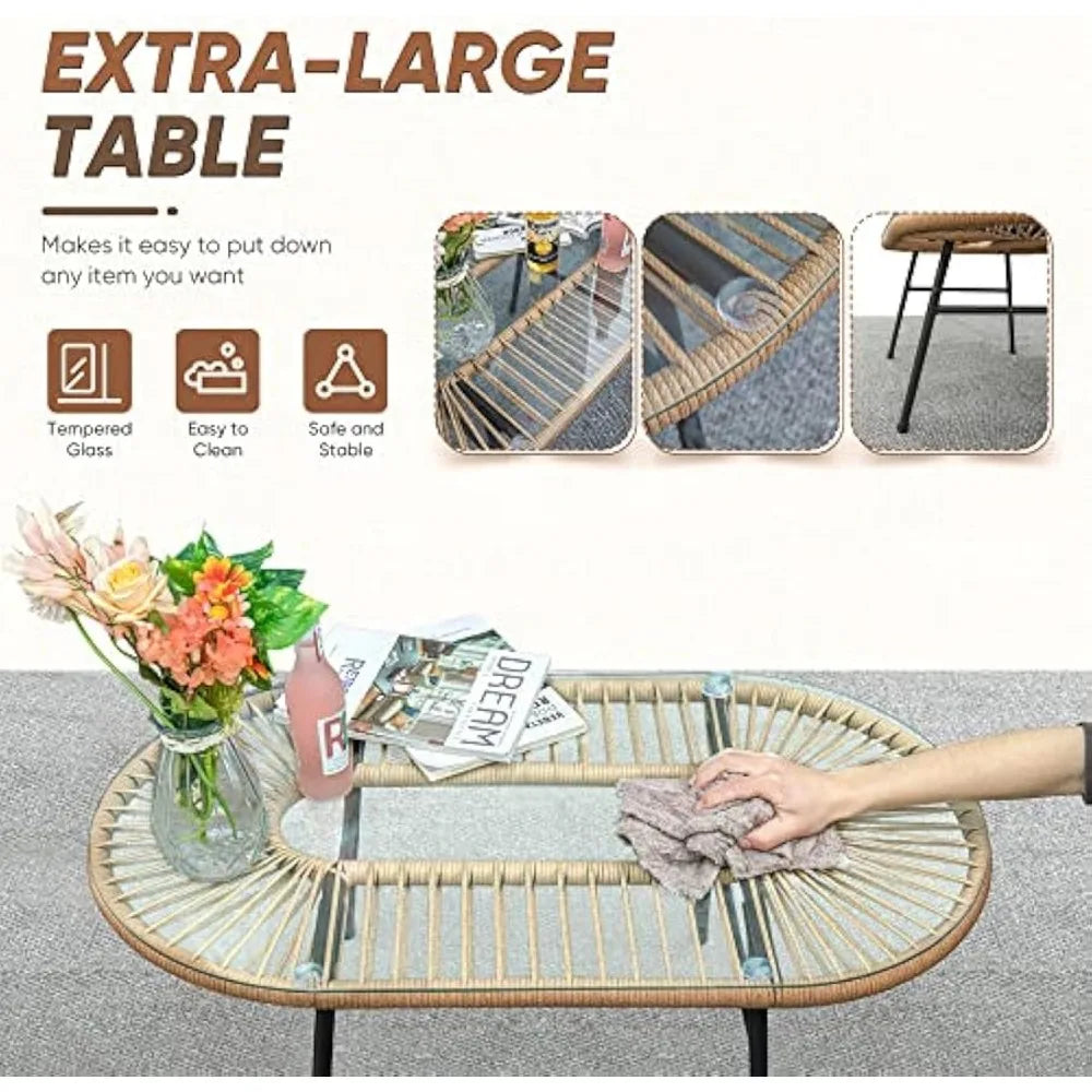 Outdoor Patio Furniture Set, Sectional Rope Woven L-Shaped Sofa Set with Patio Table and Thick Cushions