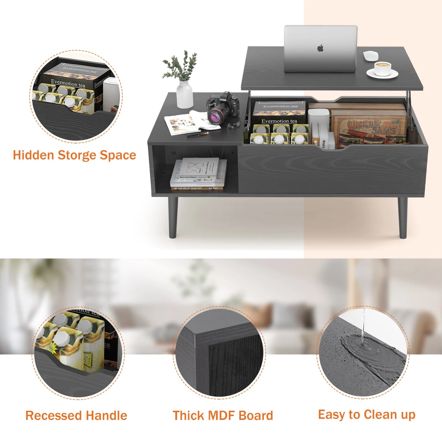 JHK Lift Top Coffee Tables For Living Room 39.37"x19.7" Desk Tea Wood Adjustable Storage Shelf Easy Lift