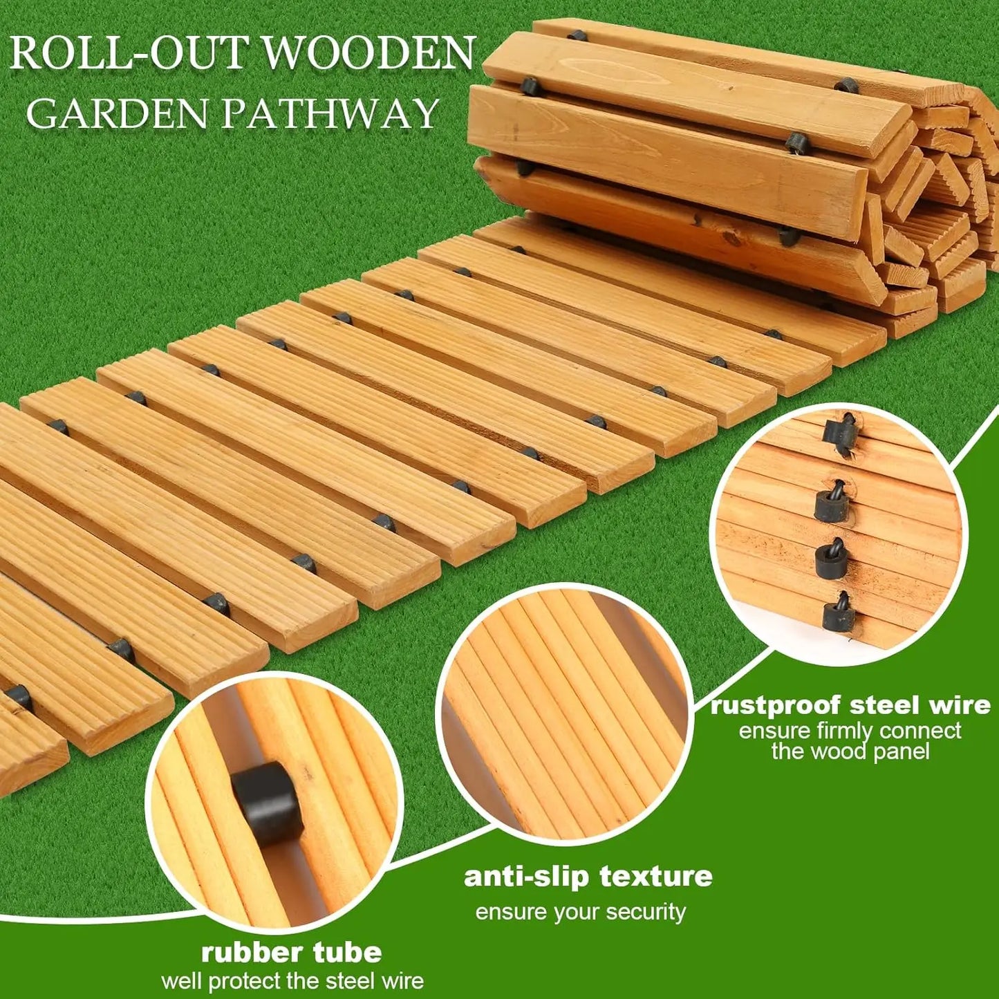 10FT Wooden Garden Pathway, Weather-Resistant Non-Slip Hardwood Walkway