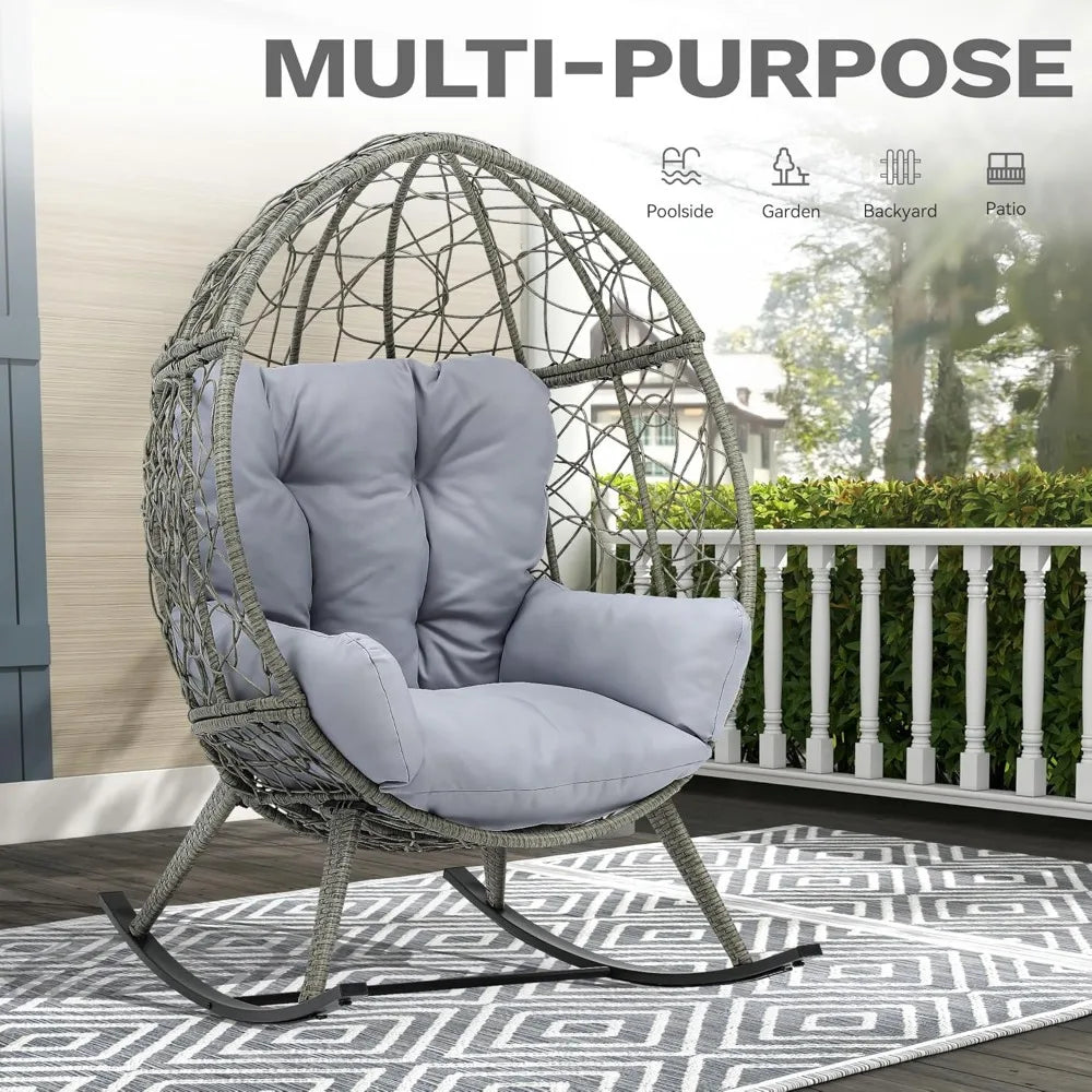 Wicker Rocking Egg Chair, Oversized Indoor Outdoor Rattan Rocking Chair, Indoor Outdoor Lounger for Patio, Backyard, Living Roo
