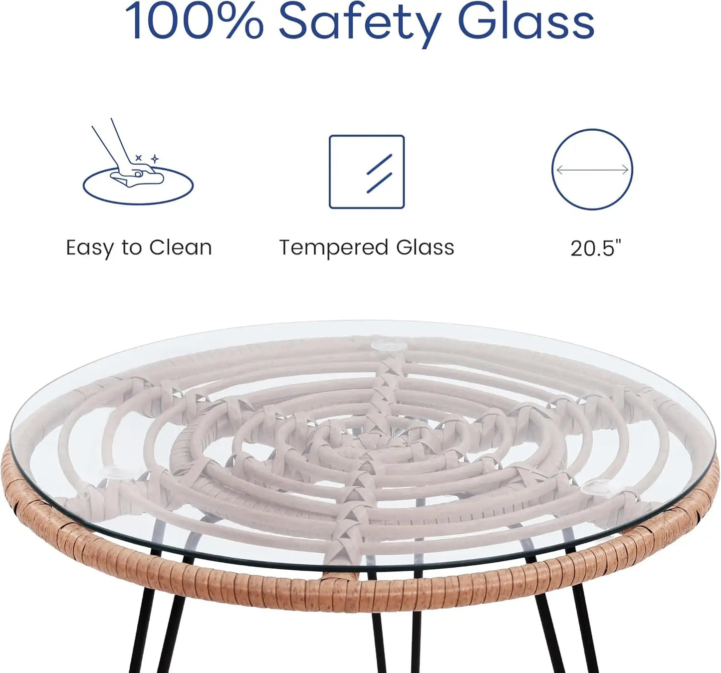 3 Piece Wicker Patio Bistro Furniture Set, Includes 2 Rattan Chairs and Glass Top Table