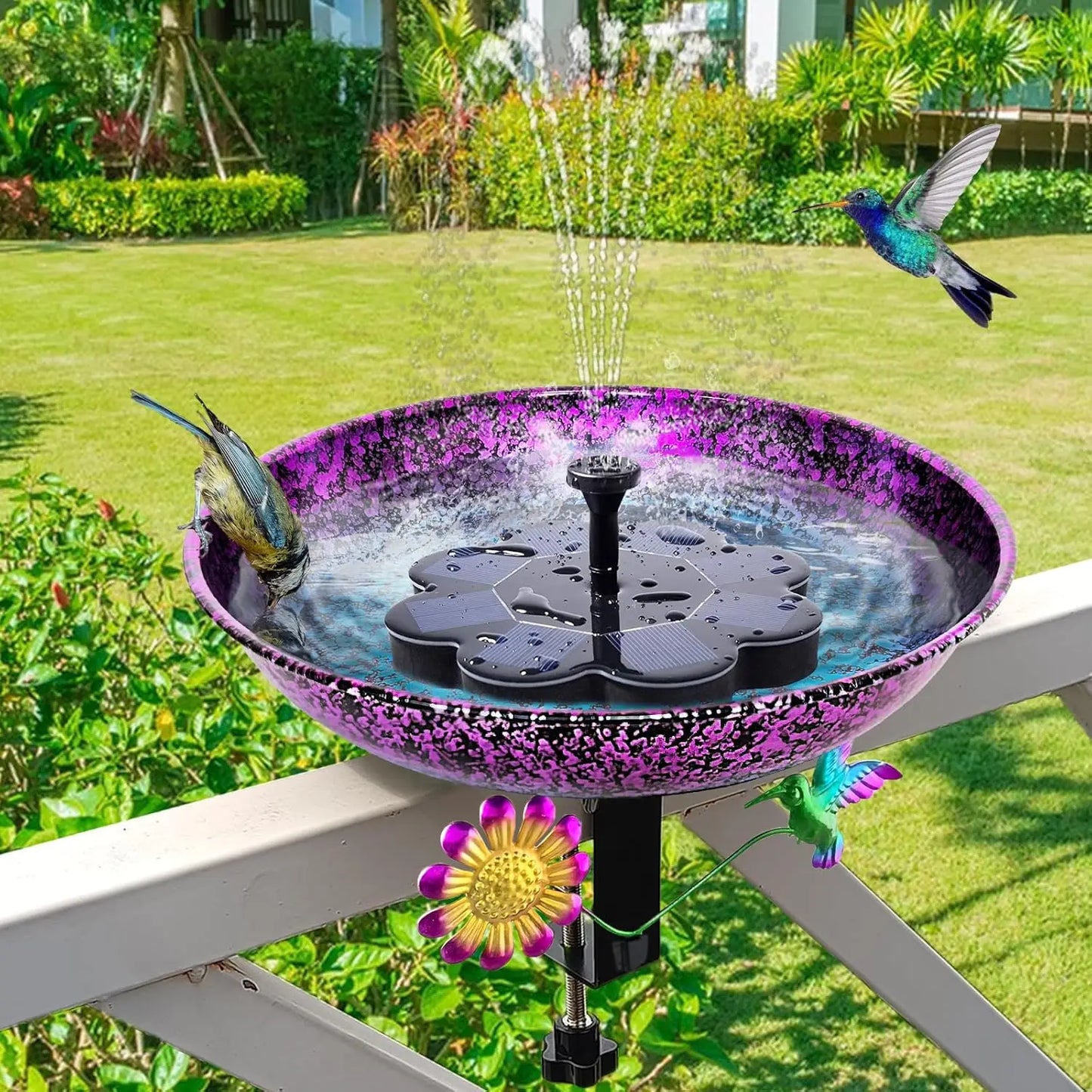 Deck Bird Bath for Outdoors, Colorful Purple/Blue Metal Birdbath Bowl Mounted Garden Bird Bath