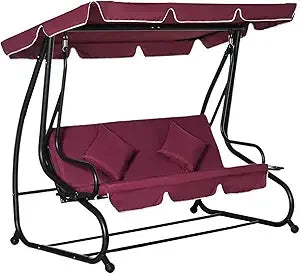 3-Seat Outdoor Patio Swing Chair, Converting Flatbed, Outdoor Swing Glider with Adjustable Canopy, Removable Cushion and Pillow