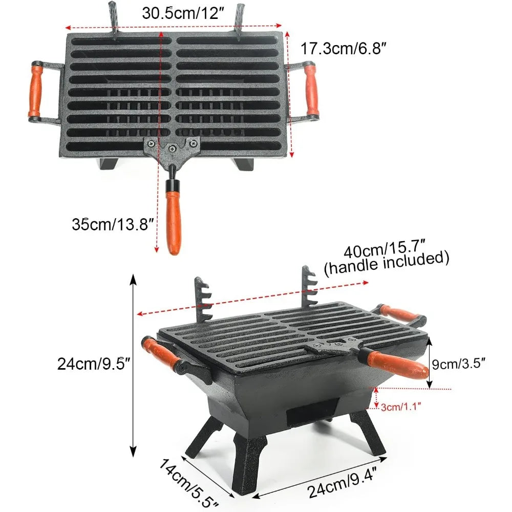 Small Cast Iron Charcoal Grill Stove w/ 12" x 6.8" Gridiron, Heavy Duty Tabletop BBQ Grill