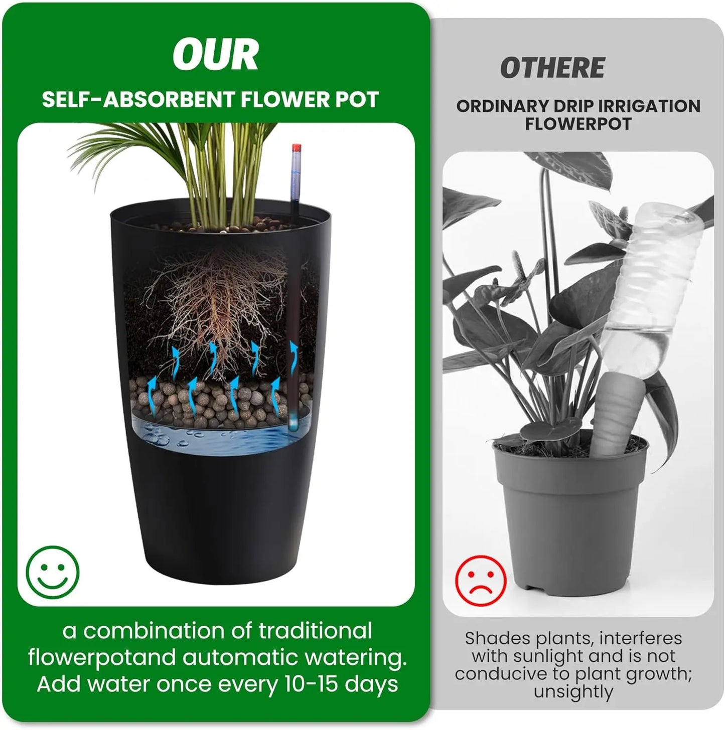 16" Tall Planters Set of 2, Plant Pots, Self Watering Pots for Indoor Plants, Flower Pots With Built-In Drainage and Visual Wate
