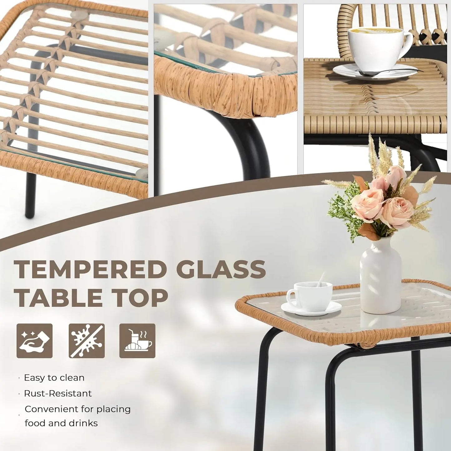3 Piece Outdoor Patio Furniture Set, Rattan Conversation Sets, All-Weather Wicker Chairs with Cushions and Coffee Table,