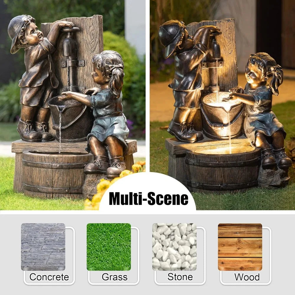 Outdoor Water Fountain with LED Light, Children Playing with Faucet Waterfall Fountains, Antique Bronze Resin