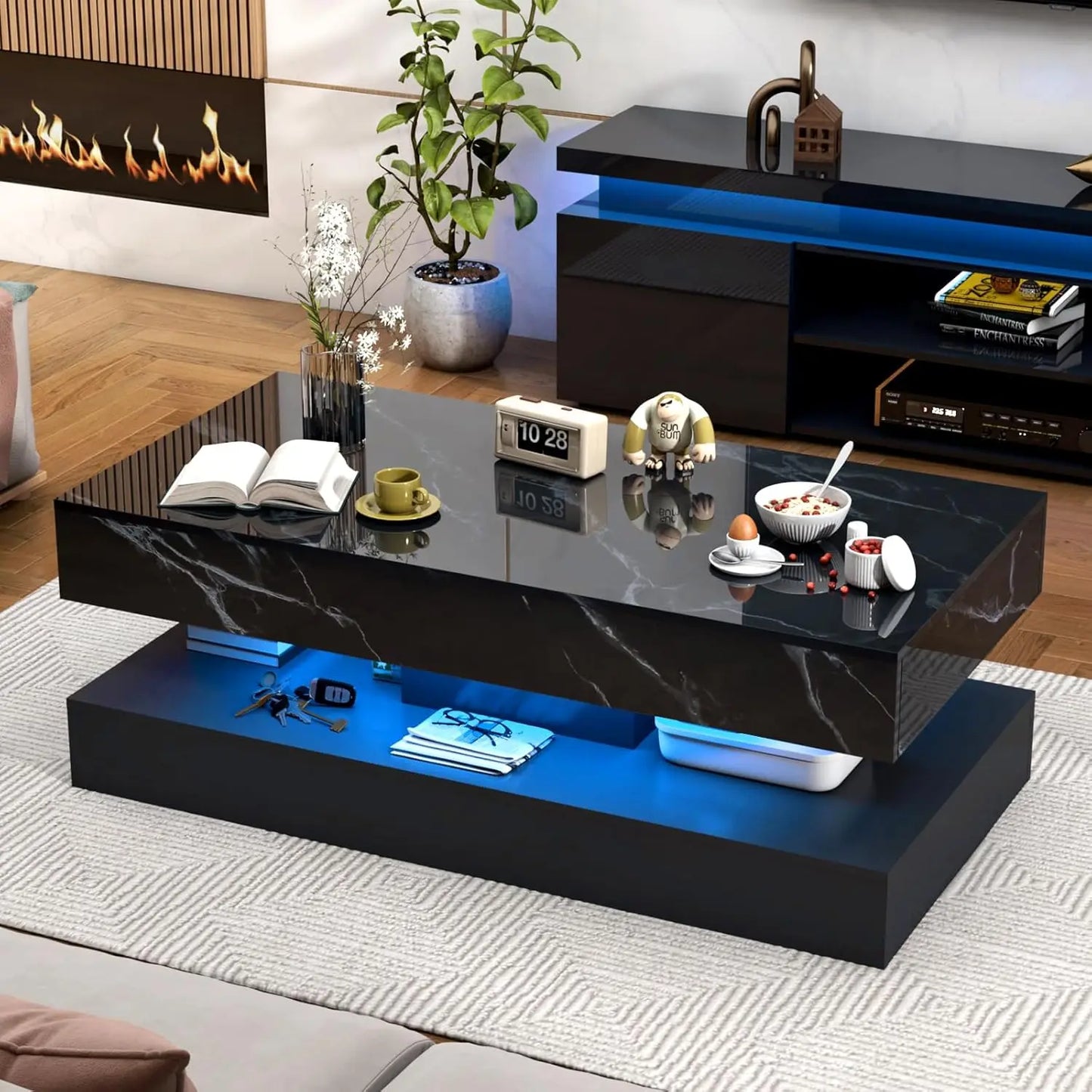 47inch Large High-Glossy LED Coffee Table with 2 Sliding Drawers, Living Room Storage Tables