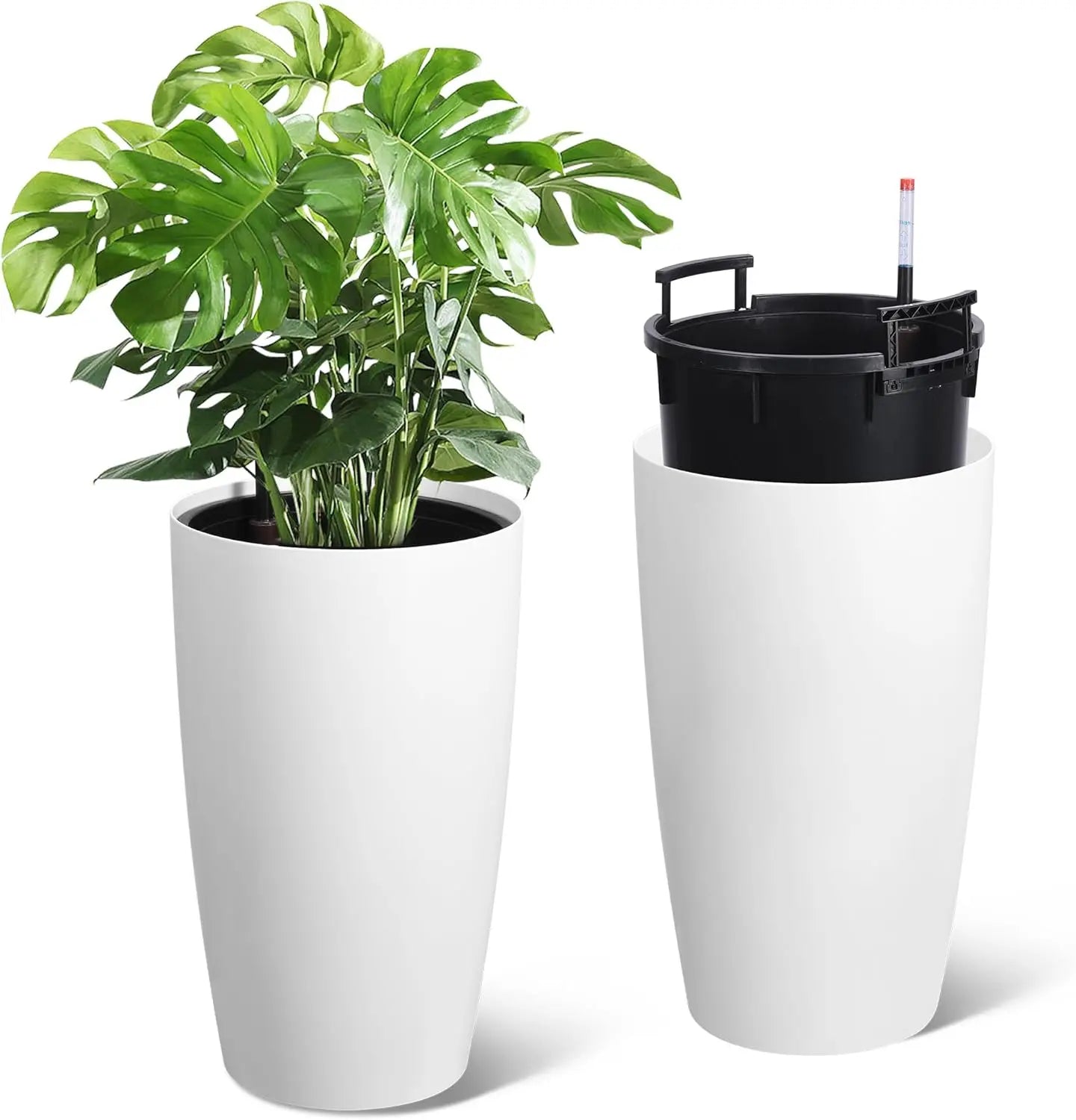 16" Tall Planters Set of 2, Plant Pots, Self Watering Pots for Indoor Plants, Flower Pots With Built-In Drainage and Visual Wate