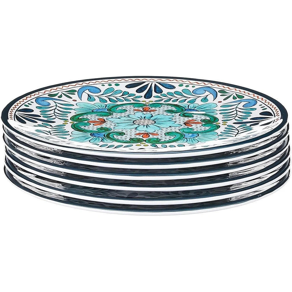 Set of 6 Talavera 9 Inch Melamine Salad Dessert Plates Heavy Duty Dishwasher Safe Indoor Outdoor Use Multicolor