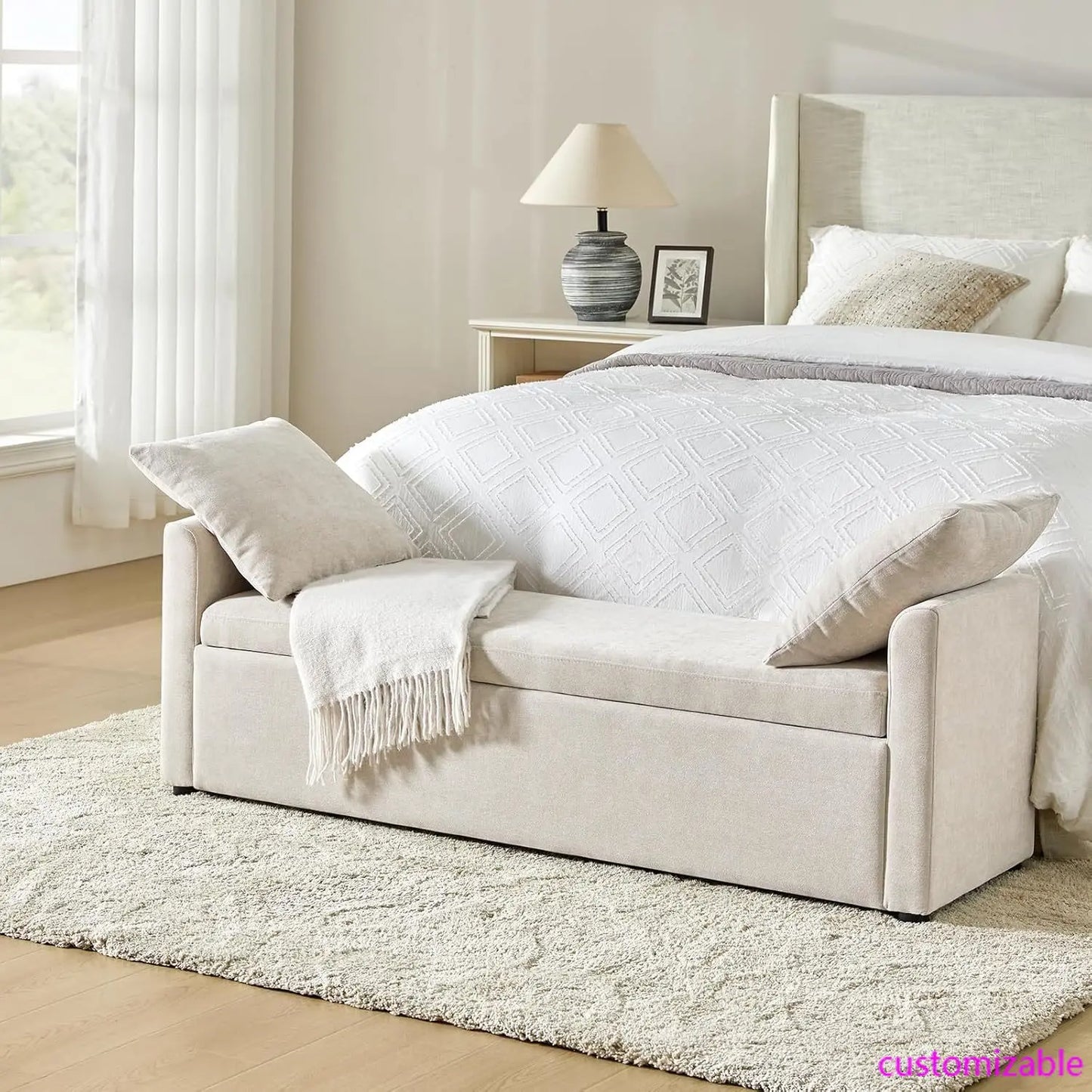 HOME Modern Storage Bench with Throw Pillows, 59.4" Extra Long Bedroom Ottoman Bench for End of Bed, Comfy Upholstered Footstool