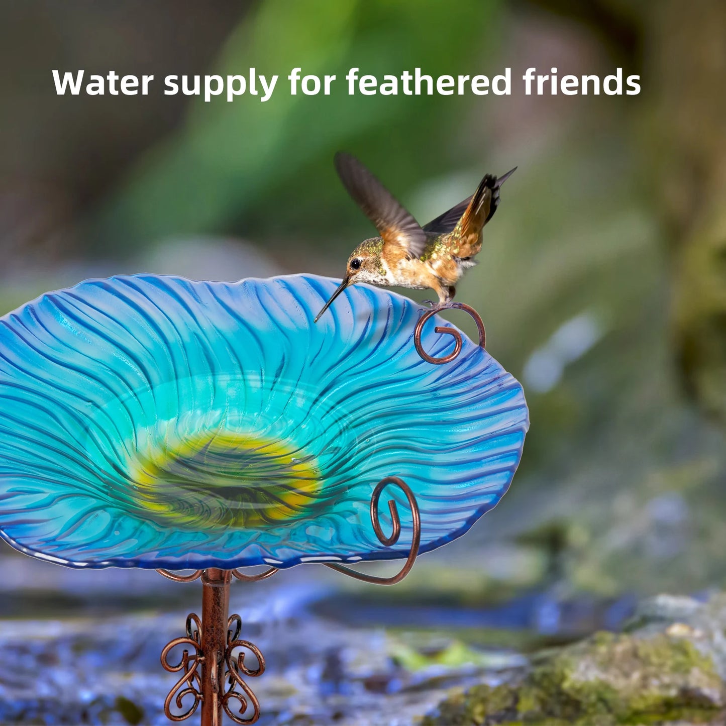 Glass Bird Bath with Stake for Yard Garden, 4-Prong Freestanding Bowl, Outdoor Fountain