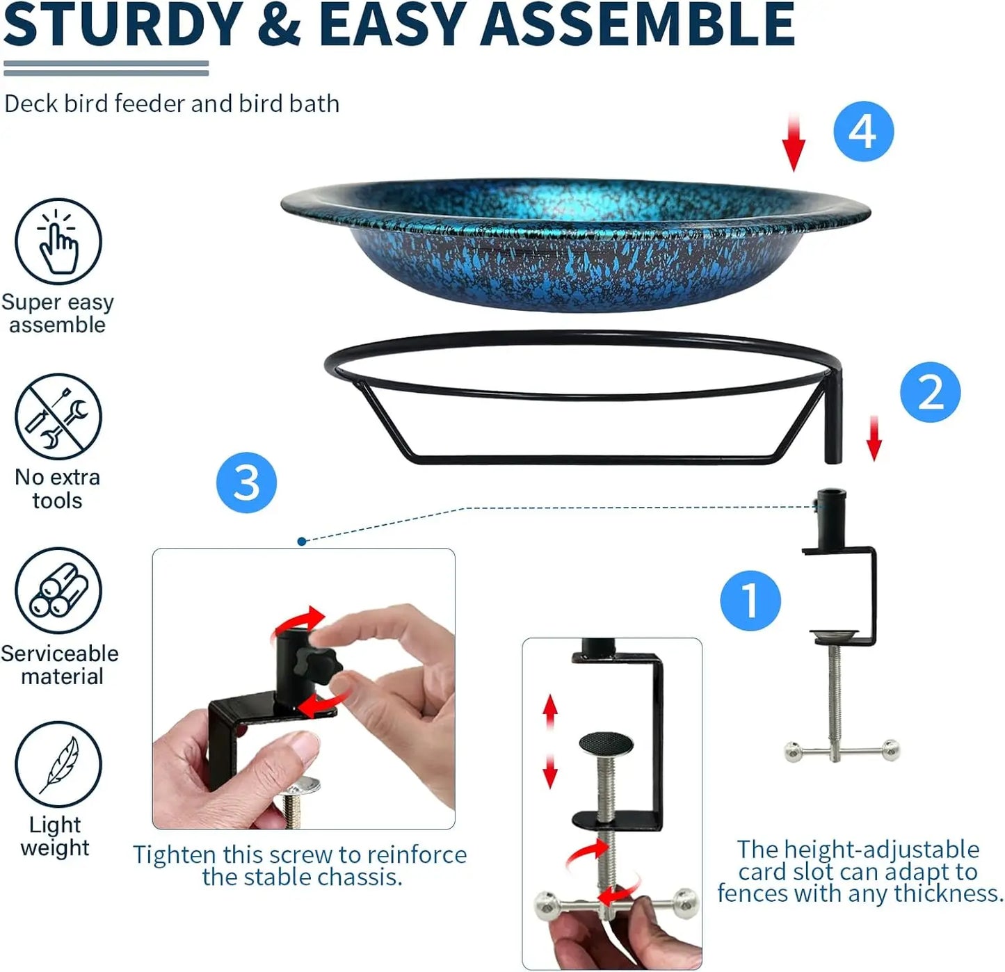 Deck Mounted Bird Bath Detachable Bowl with Sturdy Clamp,Easy Setup Outdoor Bird Feeder for Garden Patio