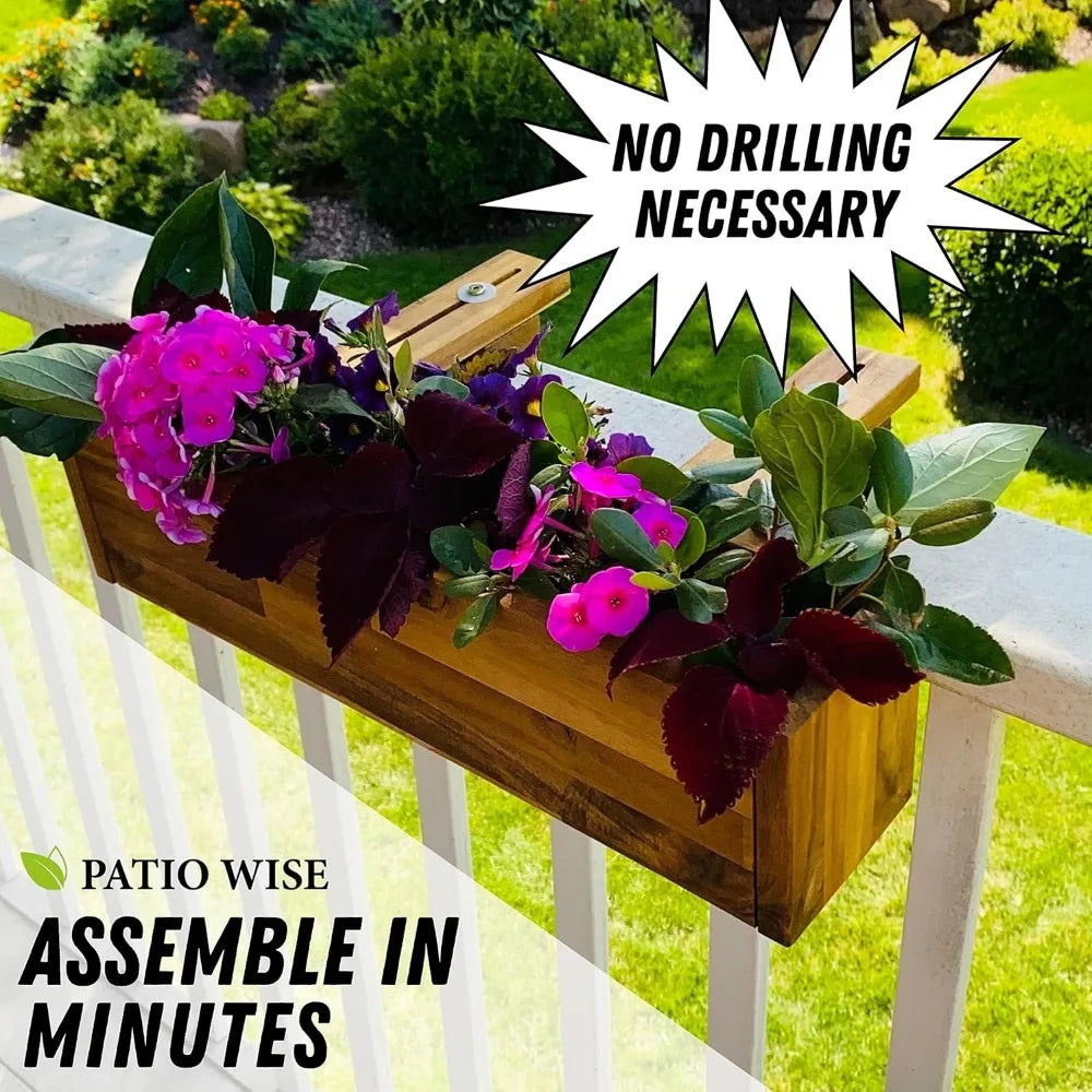 Acacia Wood Railing Planter Box, Outdoor Hanging Flower, Plant, & Herb Boxes, 20-Inch Wide x 5-Inch Tall x 4.5-Inch Deep Rectang