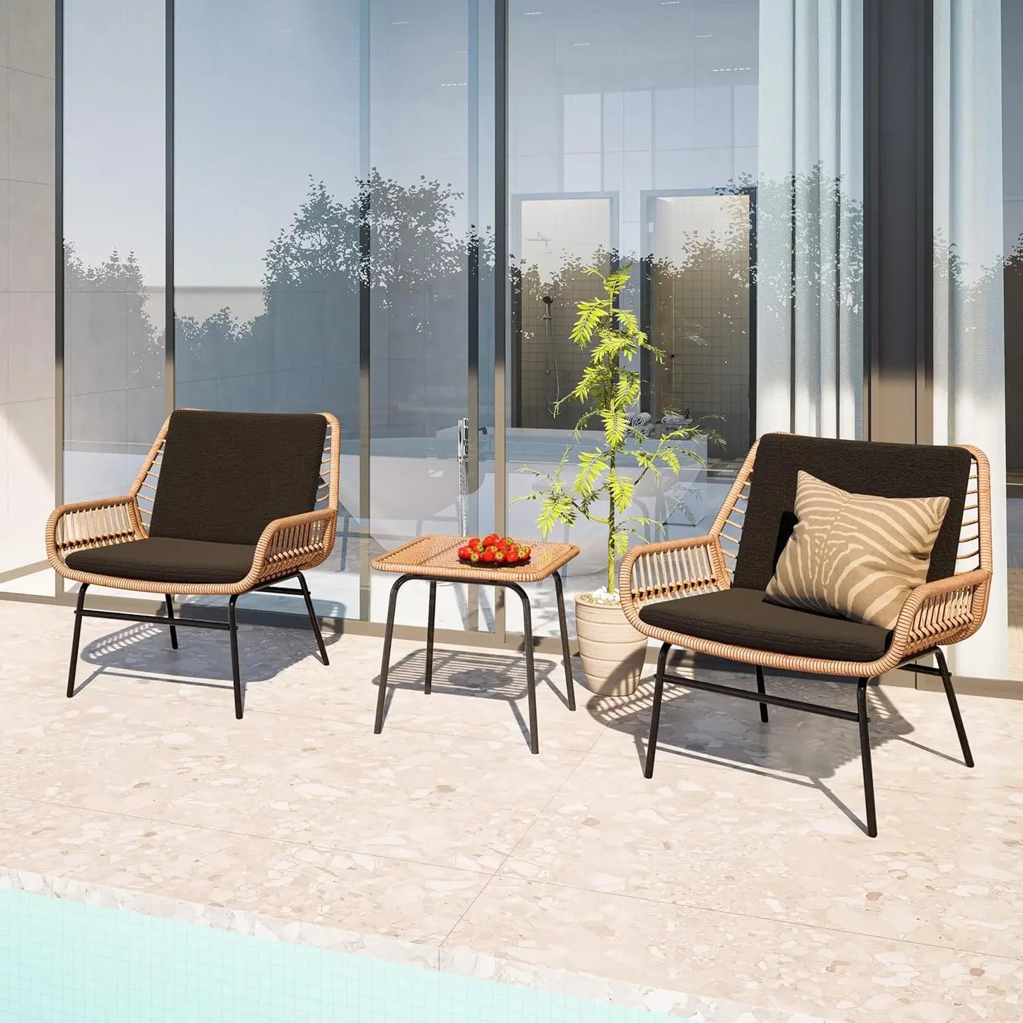 3 Piece Outdoor Patio Furniture Set, Rattan Conversation Sets, All-Weather Wicker Chairs with Cushions and Coffee Table,
