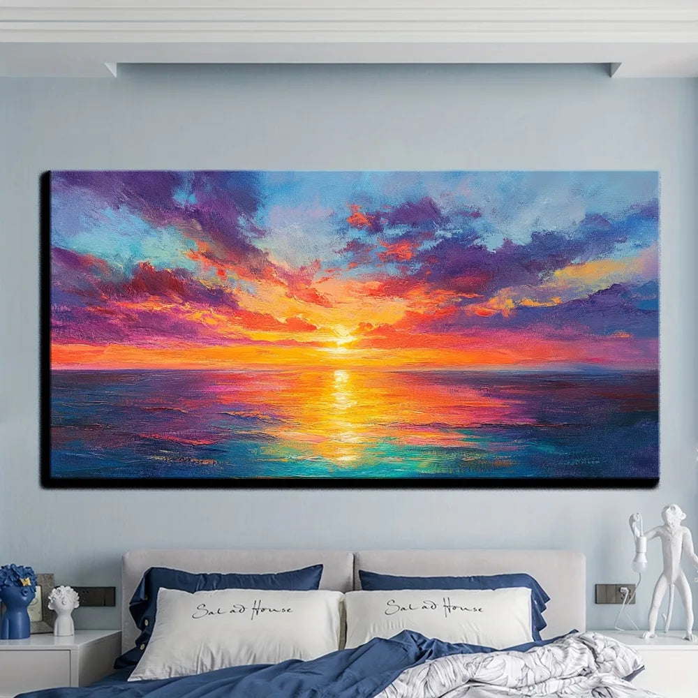 Modern Abstract Seaside Sunset on Canvas - Vibrant Marine sunset art with a 1.5 inch pine frame