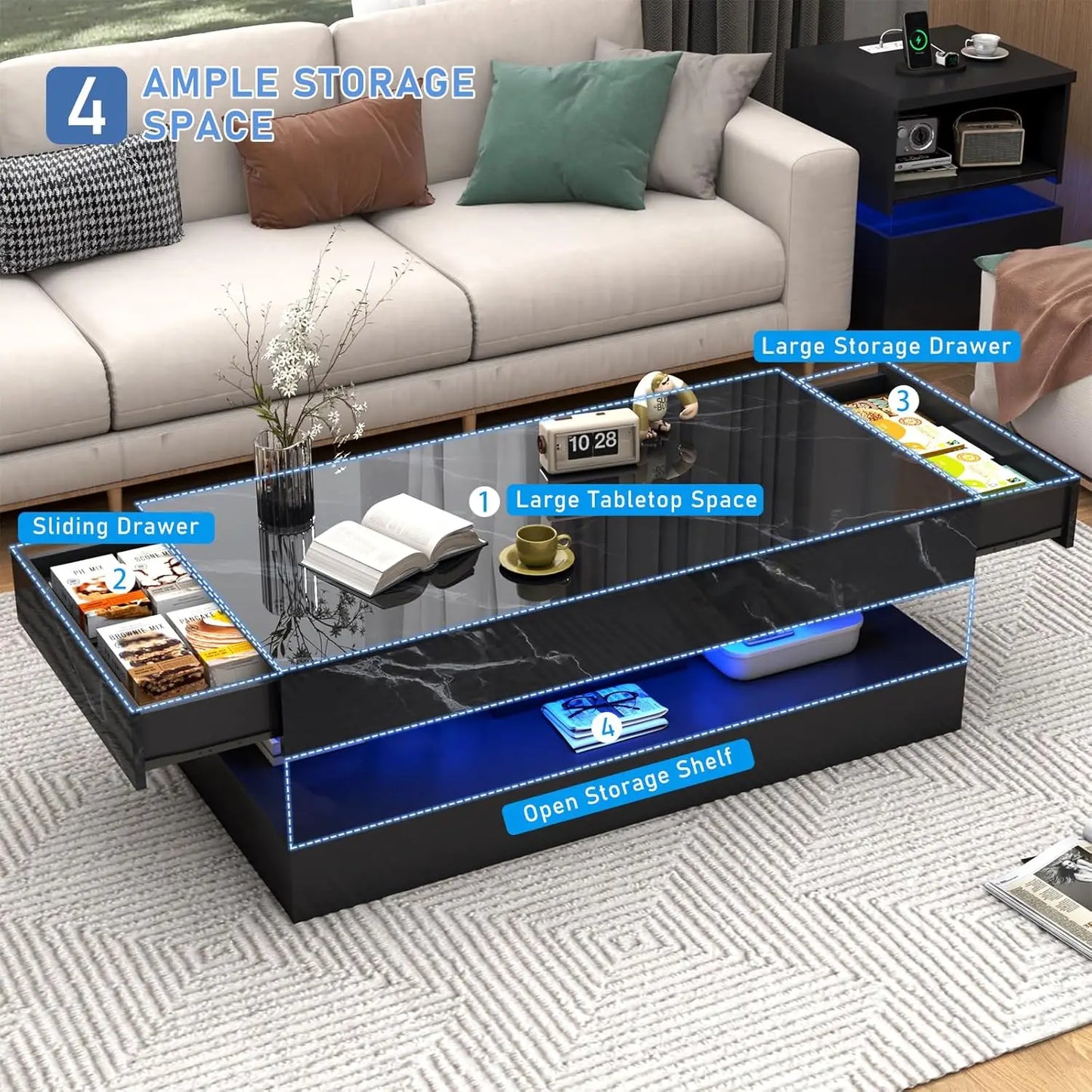 47inch Large High-Glossy LED Coffee Table with 2 Sliding Drawers, Living Room Storage Tables