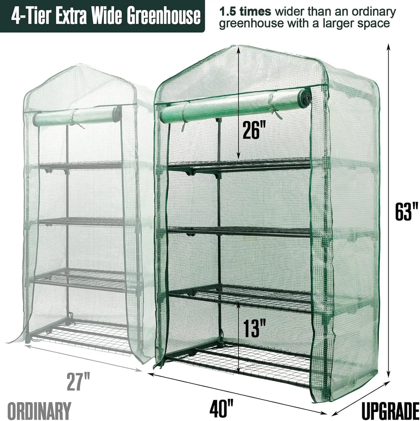 Garden 50% Extra Wide Mini Greenhouse 4 Tier Portable Plant Green House 40inWide -SturdyGardening Shelveswith PECover & Roll-Up