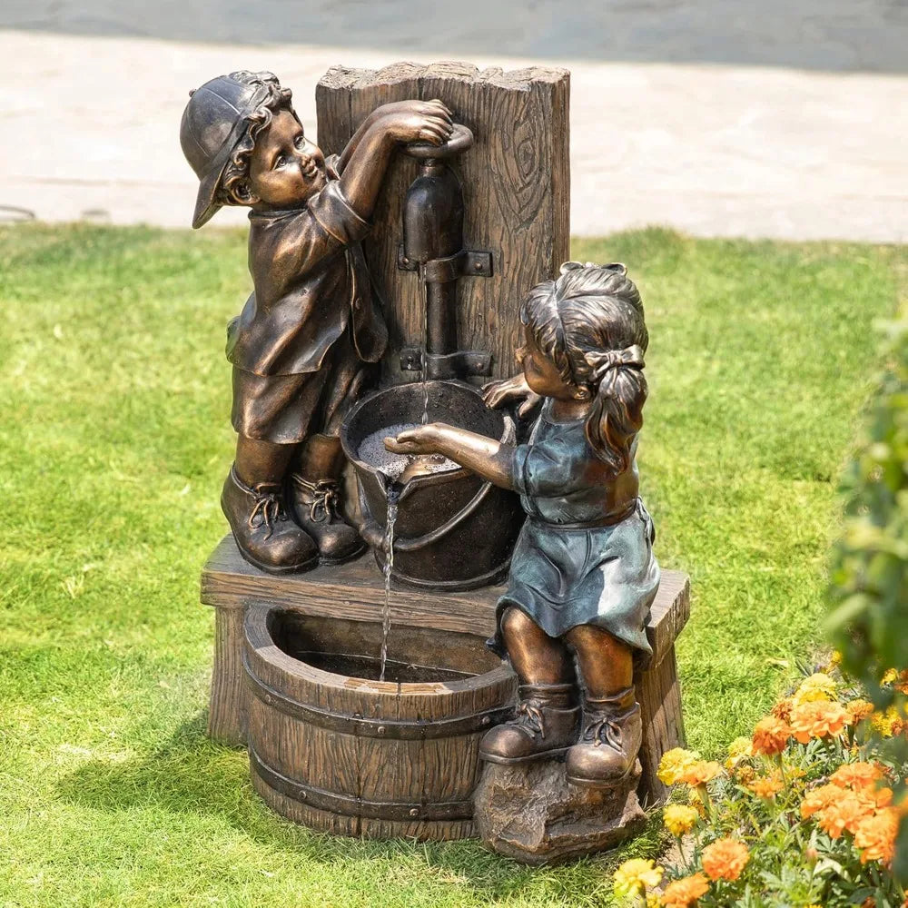 Outdoor Water Fountain with LED Light, Children Playing with Faucet Waterfall Fountains, Antique Bronze Resin